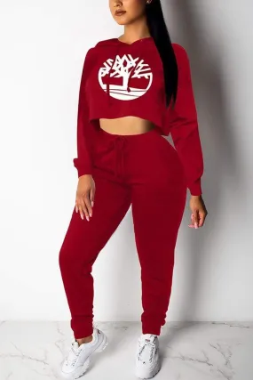 Casual Sports Crop Loose Sweater Print Two Piece