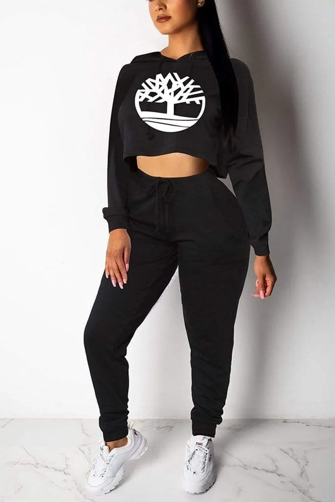 Casual Sports Crop Loose Sweater Print Two Piece