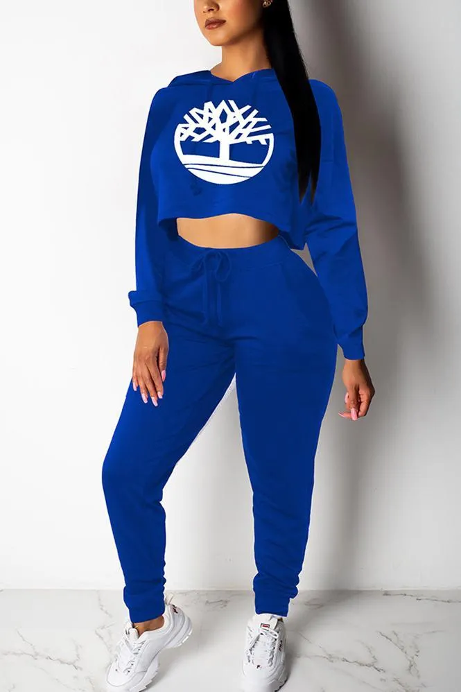 Casual Sports Crop Loose Sweater Print Two Piece