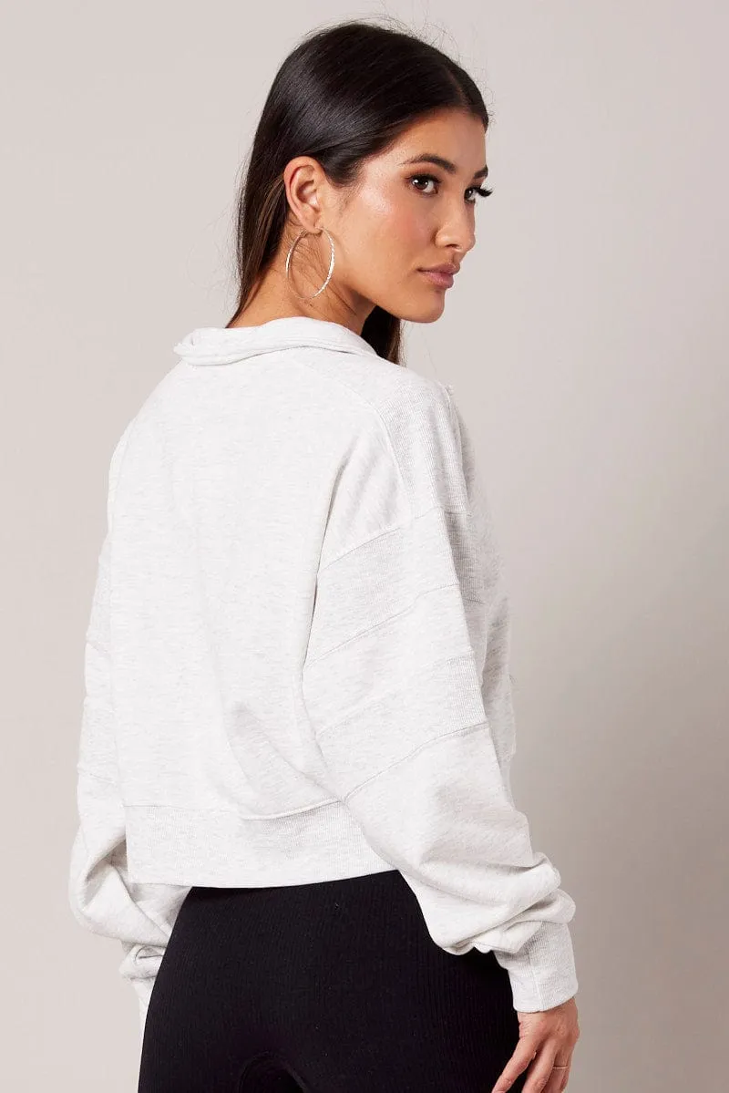 Grey Zip Up Sweater Crop Long Sleeve High Neck