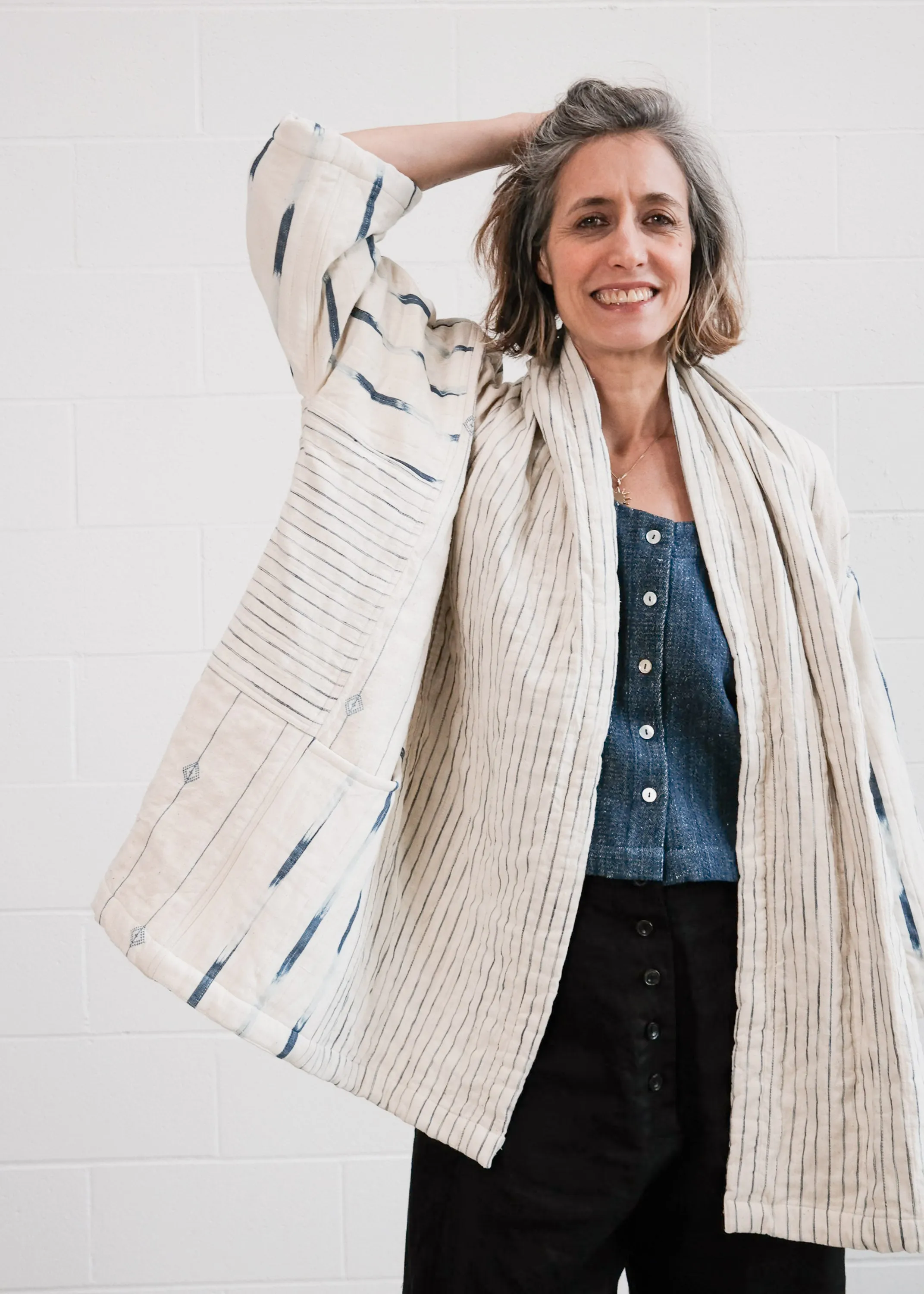 Quilted Botanical Coat - Handwoven Kala Cotton - Ikat Indigo & Natural