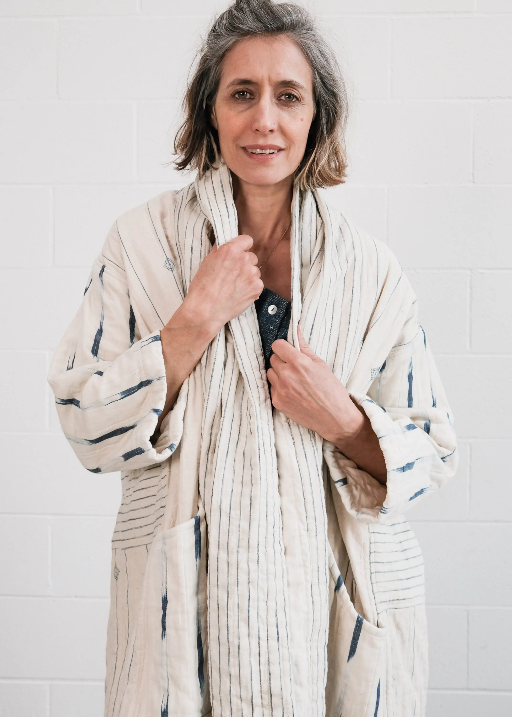 Quilted Botanical Coat - Handwoven Kala Cotton - Ikat Indigo & Natural