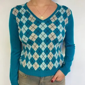 Turquoise Green Argyle Cashmere V-Neck Jumper Small