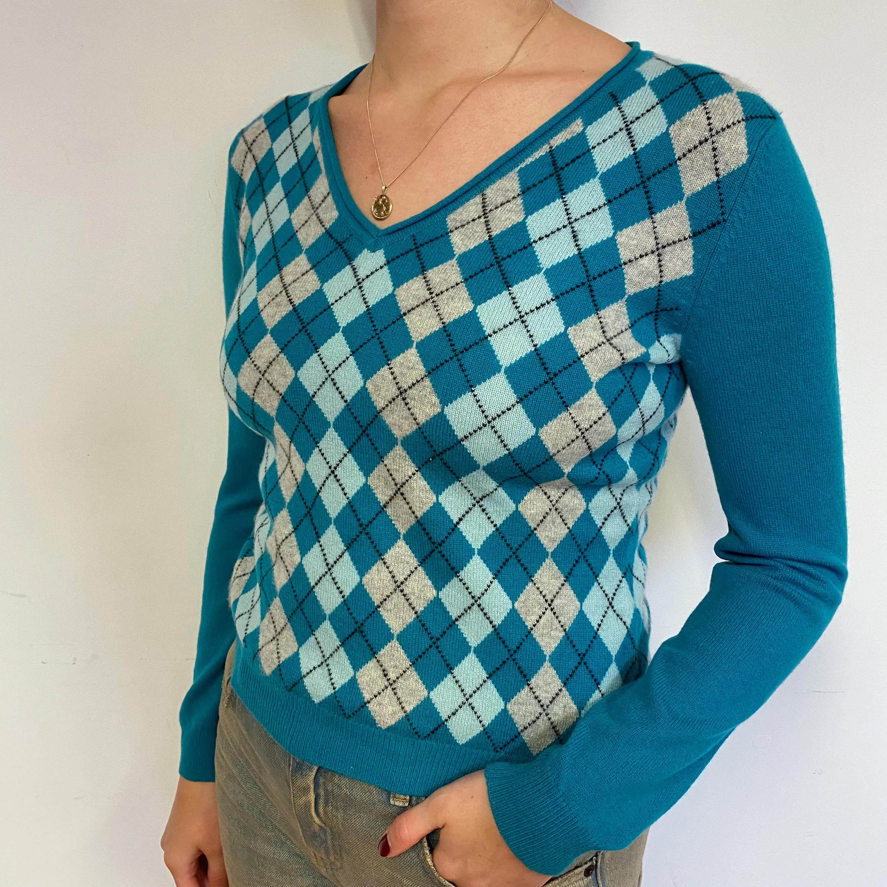 Turquoise Green Argyle Cashmere V-Neck Jumper Small