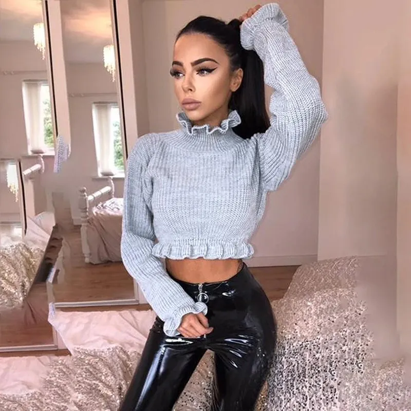 Women's Autumn/Winter Ruffled Turtleneck Knitted Crop Sweater