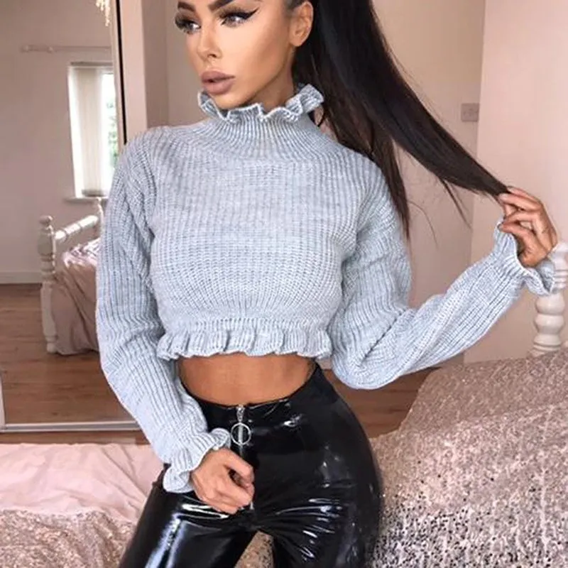 Women's Autumn/Winter Ruffled Turtleneck Knitted Crop Sweater