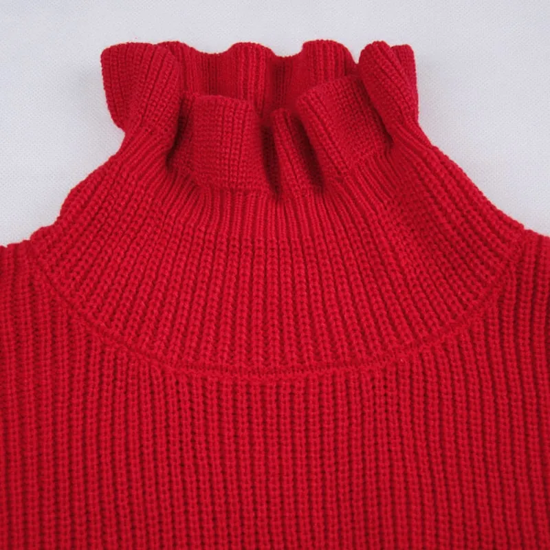 Women's Autumn/Winter Ruffled Turtleneck Knitted Crop Sweater