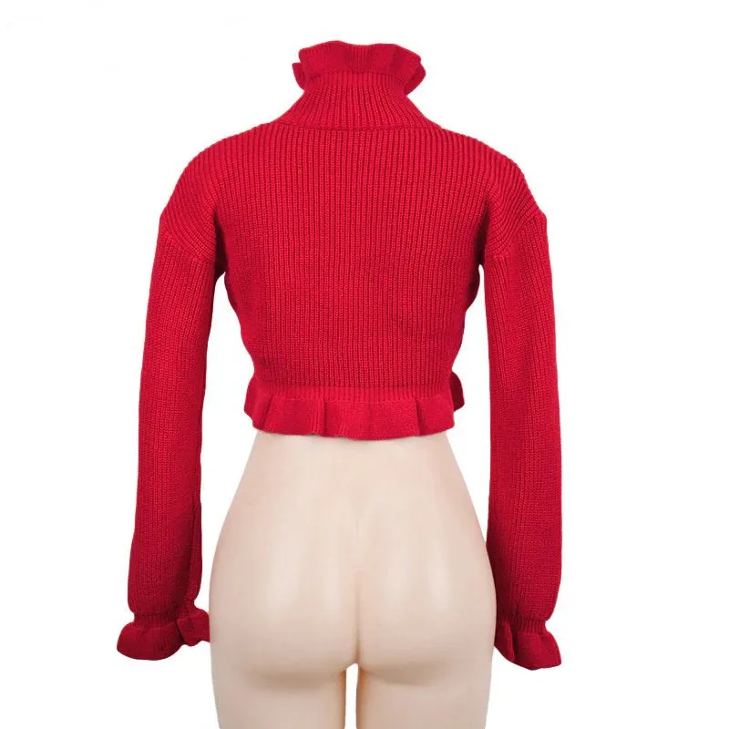 Women's Autumn/Winter Ruffled Turtleneck Knitted Crop Sweater