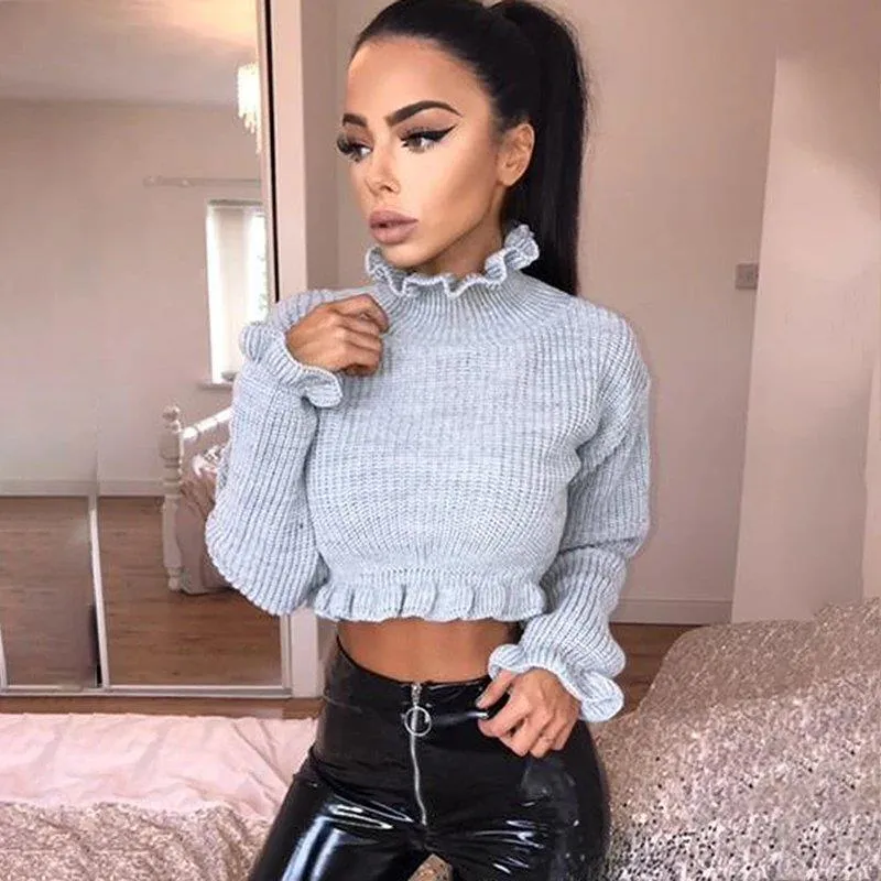 Women's Autumn/Winter Ruffled Turtleneck Knitted Crop Sweater