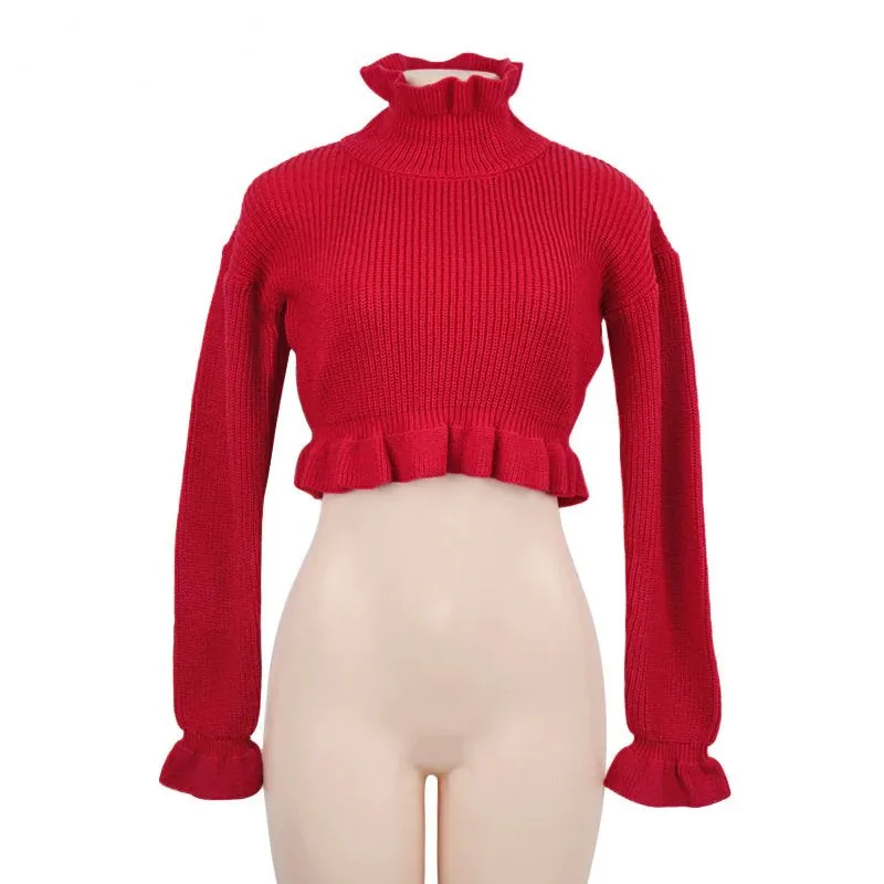 Women's Autumn/Winter Ruffled Turtleneck Knitted Crop Sweater