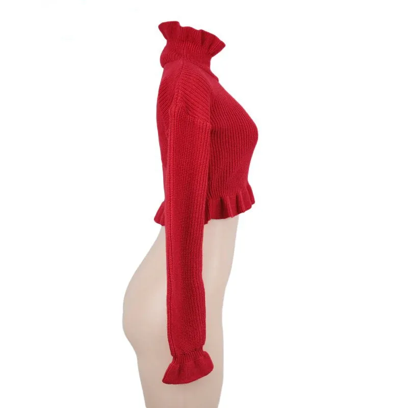 Women's Autumn/Winter Ruffled Turtleneck Knitted Crop Sweater