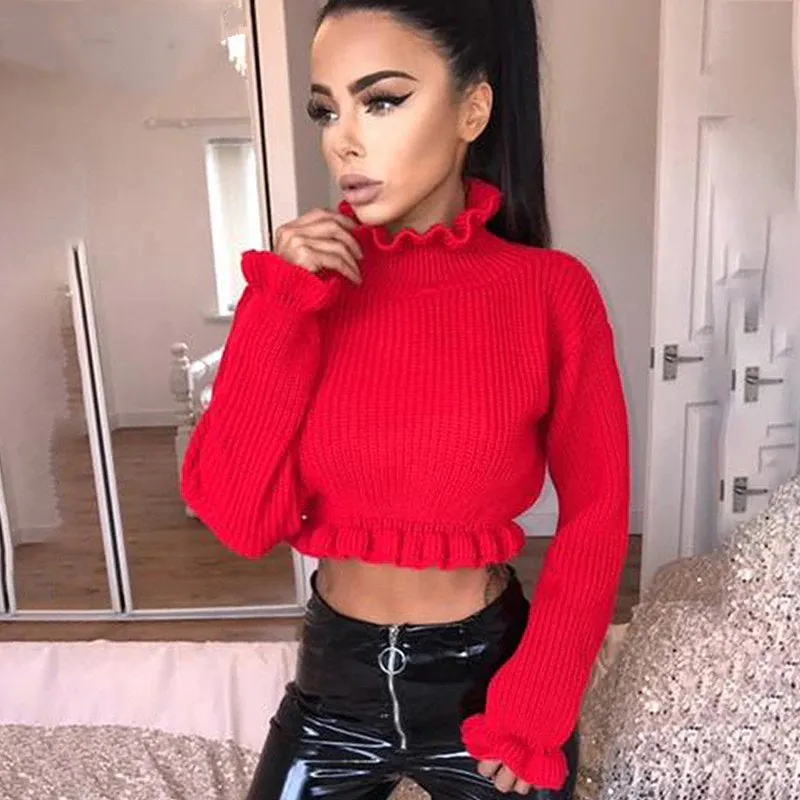 Women's Autumn/Winter Ruffled Turtleneck Knitted Crop Sweater
