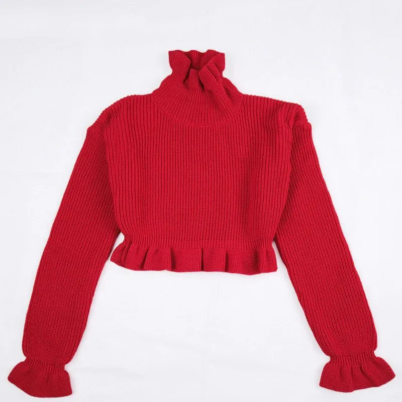 Women's Autumn/Winter Ruffled Turtleneck Knitted Crop Sweater